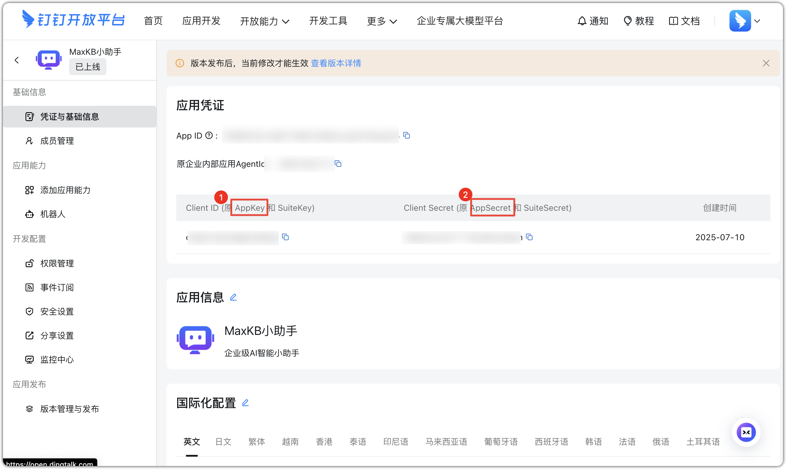 图 21  钉钉应用凭证信息